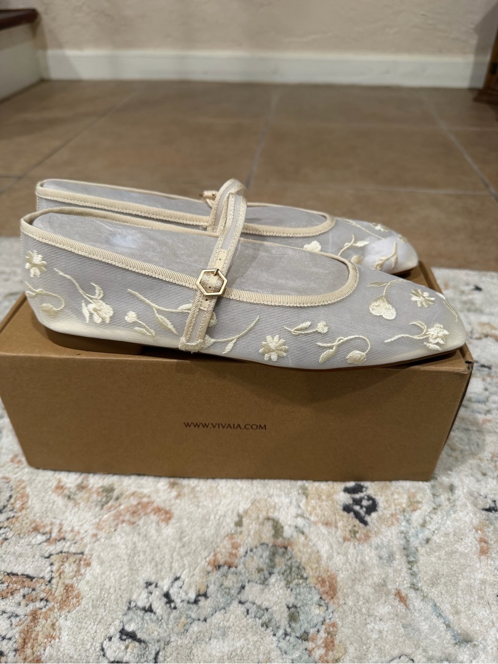 Vivaia Margot Mary Jane Cream French Floral Flats - Picture 3 of 5